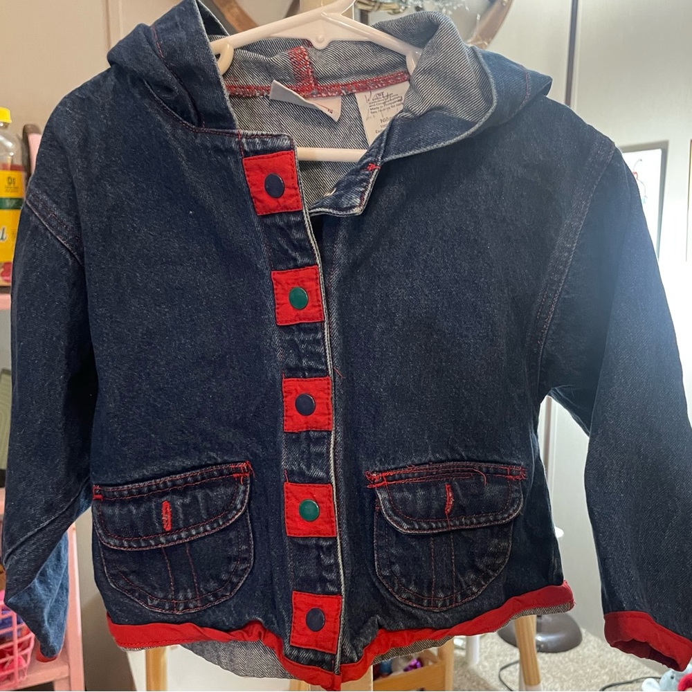 In Design Vintage Jean Jacket Blue Red Sporty Hood